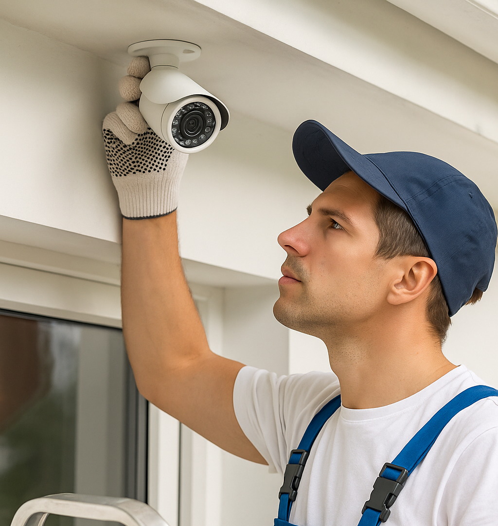 Instalação de câmera de monitoramento e sistema de segurança.